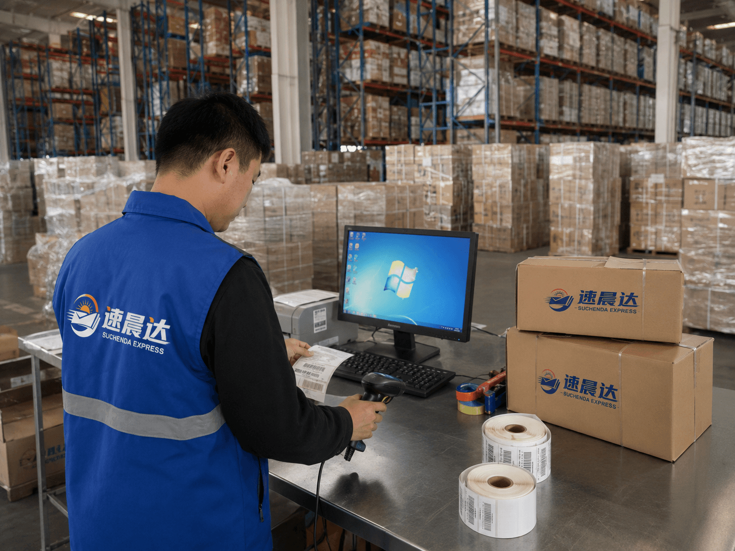 速晨达工作人员逐件扫描并核对包裹标签信息