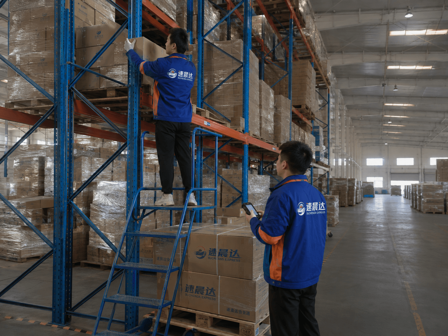 速晨达工作人员在标准化货架通道进行拣选作业