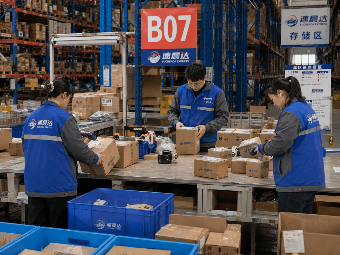 速晨达一线员工在仓库内协同完成封装与复核作业